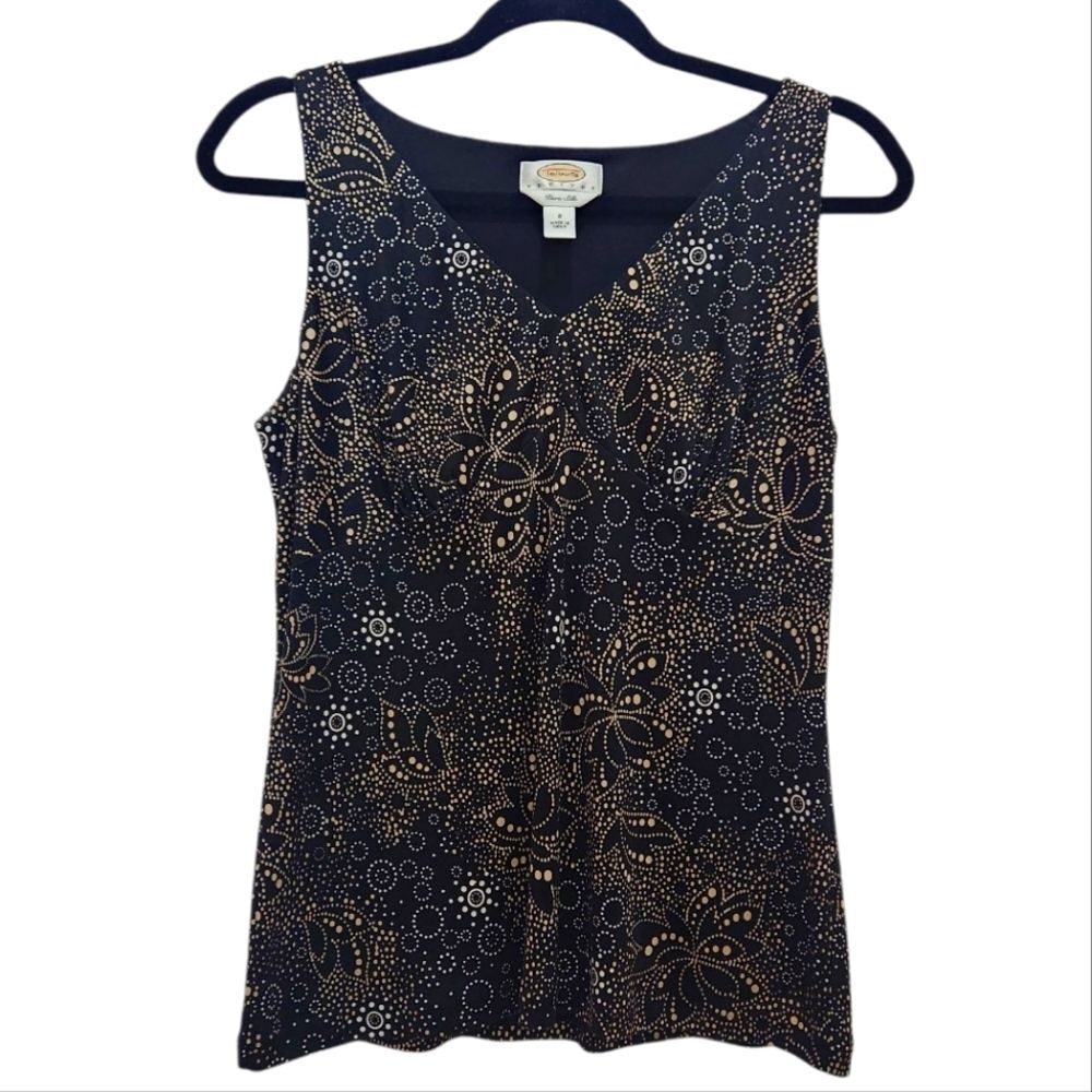 Talbots 100% Pure Silk Tank Black Gold Dotted Design Size 8 Career Date Night